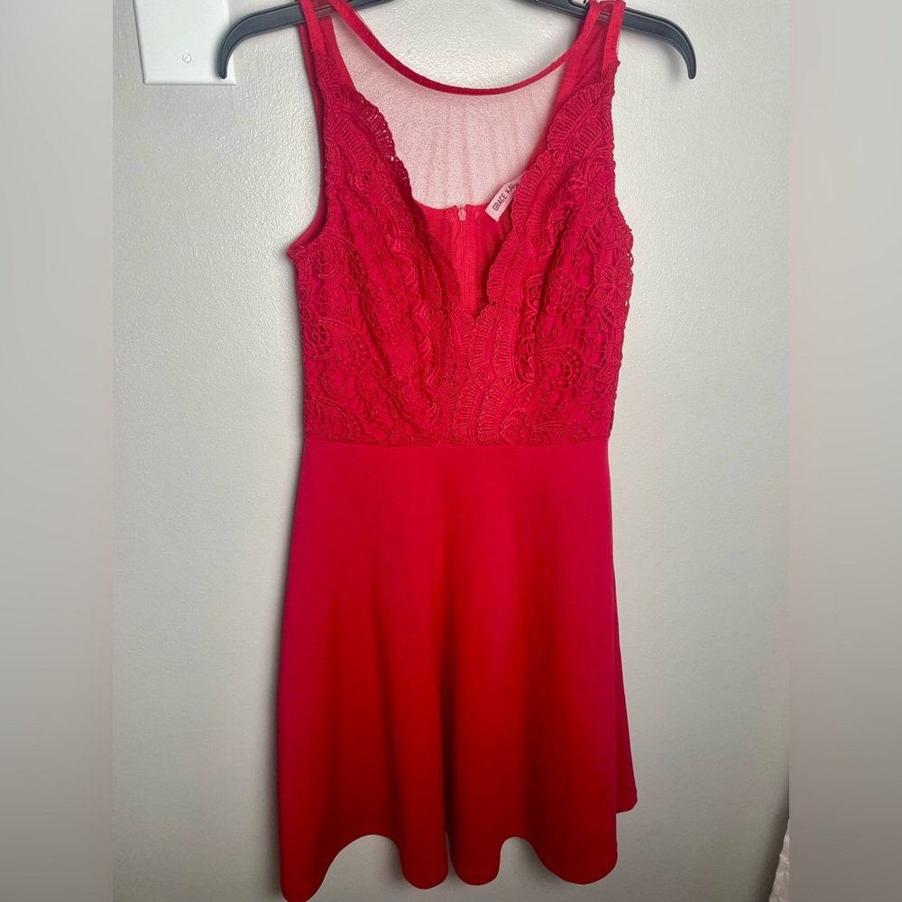 Grace Karin Red Lace Midi Dress